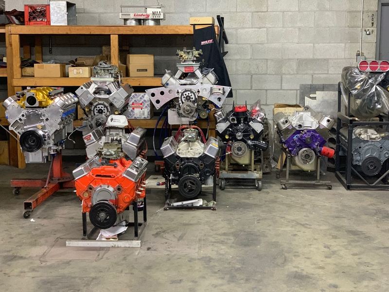 Engines on stands inside the Lindvig Machine shop